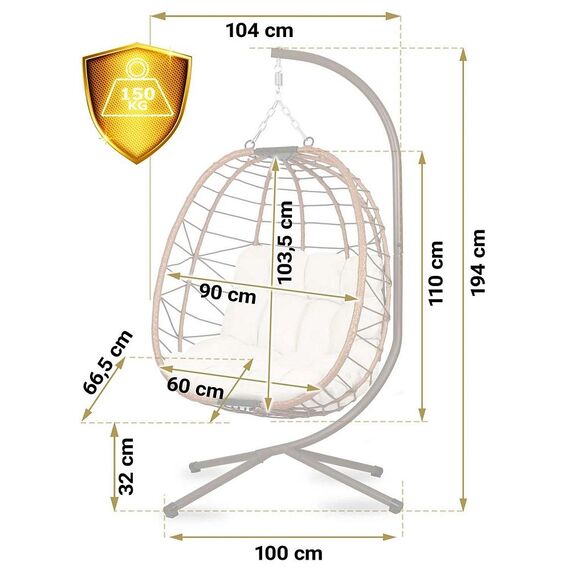 Scaun de gradina suspendat DacEnergy©, cosul din technorattan si sfoara impermeabila, cadru din otel, extrem de confortabil cu perne moi, lant solid, 194 cm, sarcina maxima 150 kg, maro, Culoare: Maro-poza 6-Dacenergy.ro
