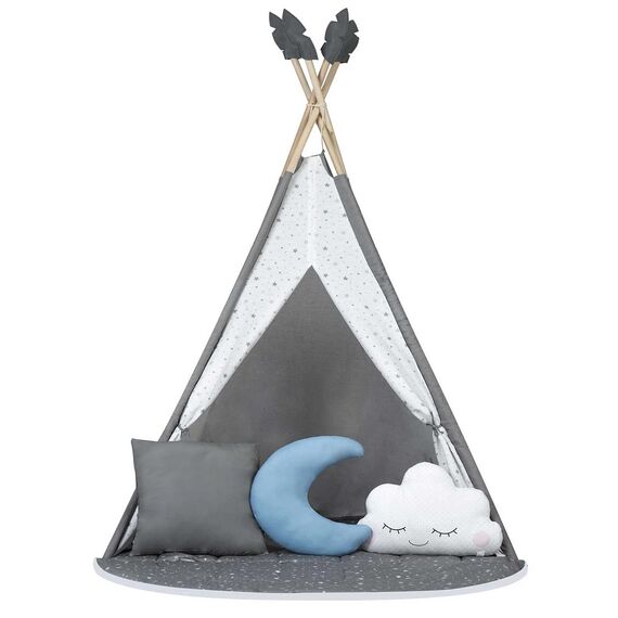 Cort de joaca pentru copii, realizat din material durabil, bumbac, stil Montessori, 3 perne, pene decorative, un stabilizator, 116 x 116 x 165 cm, gri, Culoare: Gri-Dacenergy.ro