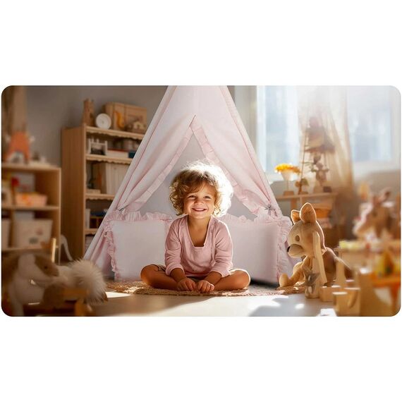 ​Cort de joaca pentru copii , realizat din material durabil, bumbac, stil Montessori, 2 perne, ghirlanda, un stabilizator, 116 x 116 x 165 cm, roz deschis, Culoare: Roz deschis-poza 6-Dacenergy.ro