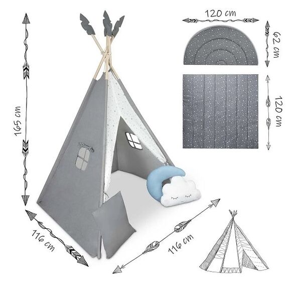 Cort de joaca pentru copii, realizat din material durabil, bumbac, stil Montessori, 3 perne, pene decorative, un stabilizator, 116 x 116 x 165 cm, gri, Culoare: Gri-poza 6-Dacenergy.ro
