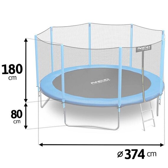 ​Trambulina de gradina , stalpi metalici, plasa de siguranta exterioara, scara metalica solida, sarcina maxima 150 kg, picioare stabile duble, 374 cm, Culoare: Albastru,  Diametru: 374 cm-poza 7-Dacenergy.ro