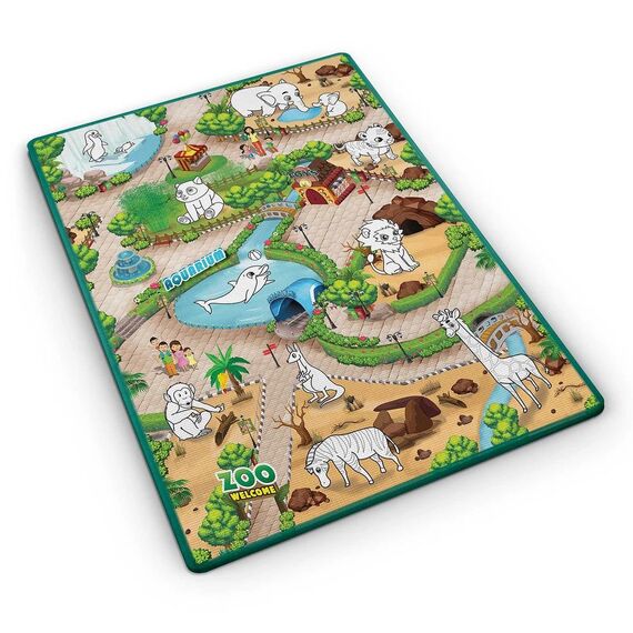​Spatiu de joaca 2 in 1, covoras din spuma si carte de colorat, asigura izolare termica fata de sol, textura anti-alunecare, model frumos cu animale de la Zoo, 120 x 90 cm, verde, Dimensiune (cm)	: 120 x 90-Dacenergy.ro