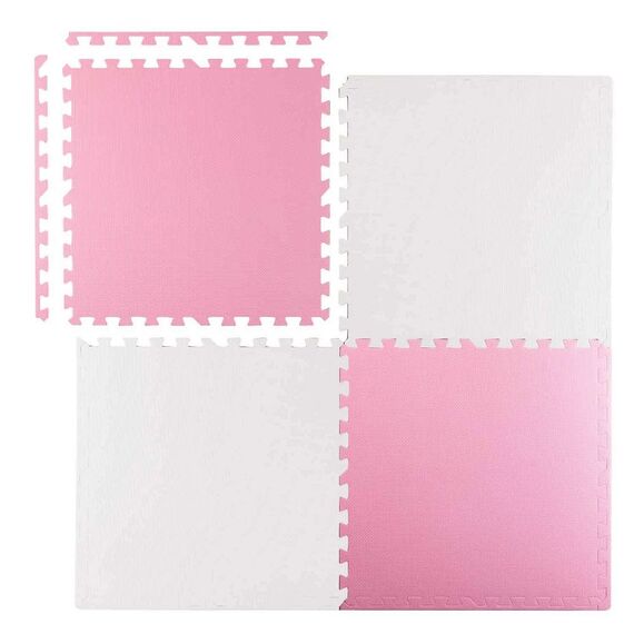 Covoras puzzle din spuma, 4 buc, ansamblat usor, impermeabil, fara BPA, roz si alb, 120x120x1 cm, Dimensiune (cm)	: 120 x 120, Culoare: Alb, Roz-Dacenergy.ro