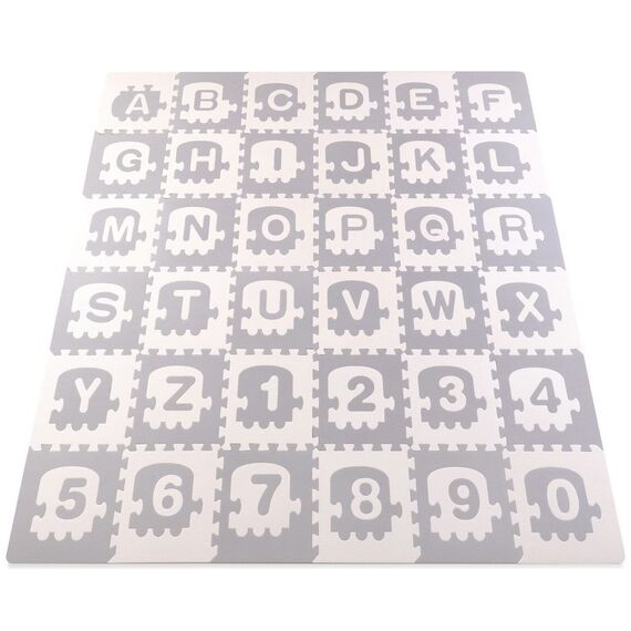 Covoras puzzle din spuma, model trenulet, 36 piese, fara BPA, imprimat cu cifre si litere, 180 x 180 x 1,2 cm, alb si gri-Dacenergy.ro