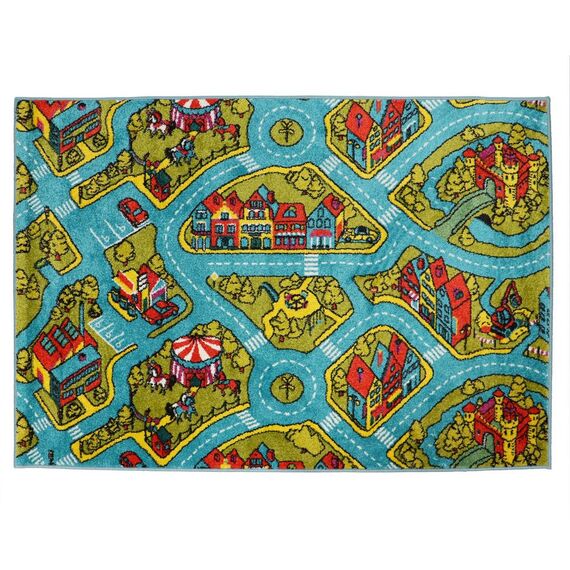 Covor camera copii DacEnergy©, confectionat din polipropilena, modelul viu colorat, cu strazi si cladiri, asemenea unui oras, 120 x 170 cm, albastru-Dacenergy.ro