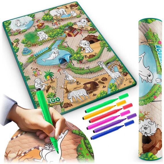 ​Spatiu de joaca 2 in 1, covoras din spuma si carte de colorat, asigura izolare termica fata de sol, textura anti-alunecare, model frumos cu animale de la Zoo, 120 x 90 cm, verde, Dimensiune (cm)	: 120 x 90-poza 2-Dacenergy.ro