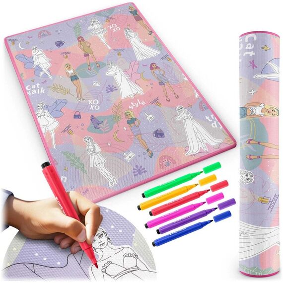 Spatiu de joaca 2 in 1, covoras din spuma si carte de colorat, asigura izolare termica fata de sol, textura anti-alunecare, model frumos cu printese, 120 x 90 cm, roz, Dimensiune (cm)	: 120 x 90-poza 2-Dacenergy.ro