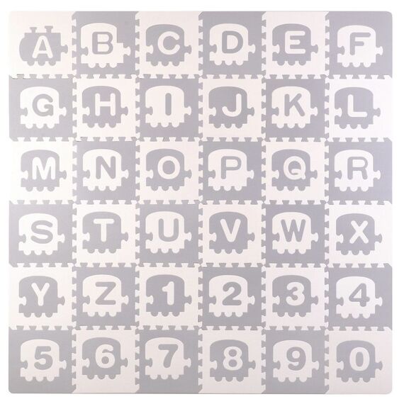 Covoras puzzle din spuma, model trenulet, 36 piese, fara BPA, imprimat cu cifre si litere, 180 x 180 x 1,2 cm, alb si gri-poza 2-Dacenergy.ro