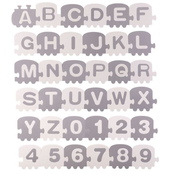 Covoras puzzle din spuma, model trenulet, 36 piese, fara BPA, imprimat cu cifre si litere, 180 x 180 x 1,2 cm, alb si gri-poza 3-Dacenergy.ro