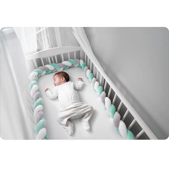 Protectie laterala patut bebe, Bumper impletit, 100 % antialergic, lavabil, 3m, menta si gri, Culoare: Gri, Menta-poza 3-Dacenergy.ro