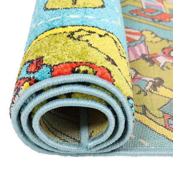 Covor camera copii DacEnergy©, confectionat din polipropilena, modelul viu colorat, cu strazi si cladiri, asemenea unui oras, 120 x 170 cm, albastru-poza 3-Dacenergy.ro