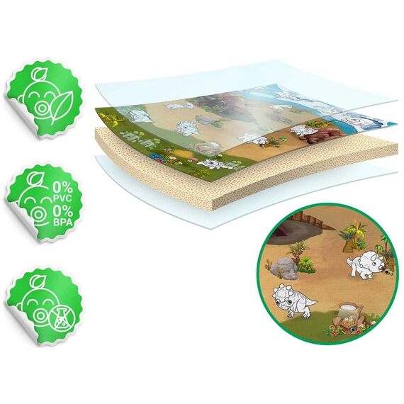 Spatiu de joaca 2 in 1, covoras din spuma si carte de colorat, asigura izolare termica fata de sol, textura anti-alunecare, model frumos cu dinozauri, 120 x 90 cm, verde si maro-poza 4-Dacenergy.ro