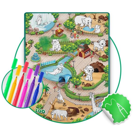 ​Spatiu de joaca 2 in 1, covoras din spuma si carte de colorat, asigura izolare termica fata de sol, textura anti-alunecare, model frumos cu animale de la Zoo, 120 x 90 cm, verde, Dimensiune (cm)	: 120 x 90-poza 7-Dacenergy.ro
