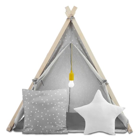 ​Cort de joaca pentru copii , cadru din lemn, forma de cort indian, 2 perne, un covor izolant gros, lampa Led, 116 x 107 x 110 cm, gri, Culoare: Gri-Dacenergy.ro