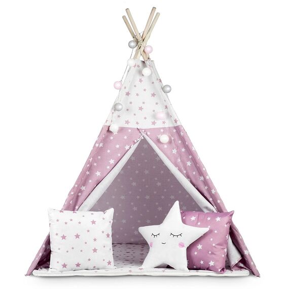 ​Cort de joaca pentru copii , cadru din lemn, forma de cort indian, 3 perne, un covor izolant gros, cu lumini, 120x120x165 cm, cu stele, roz, Culoare: Roz-Dacenergy.ro