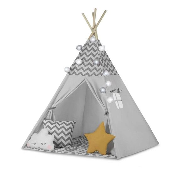 ​Cort de joaca pentru copii , cadru din lemn, forma de cort indian, 3 perne, un covor izolant gros, cu lumini, cu ghirlande, 120x120x165 cm, gri, Culoare: Gri, Negru-Dacenergy.ro