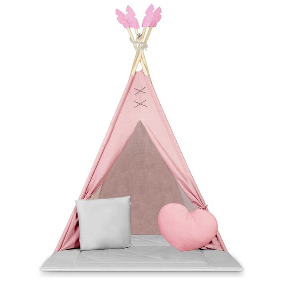 Cort de joaca pentru copii , realizat din material durabil, bumbac, stil Montessori, 2 perne, pene decorative, un stabilizator, 116 x 116 x 165 cm, roz, Culoare: Roz-Dacenergy.ro