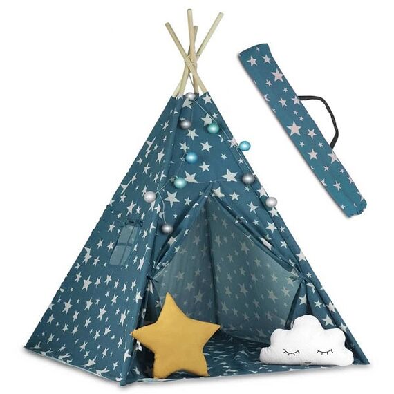 ​Cort de joaca pentru copii , cadru din lemn, forma de cort indian, 2 perne, un covor izolant gros, cu lumini, 120x120x165 cm, albastru, Culoare: Albastru-poza 2-Dacenergy.ro