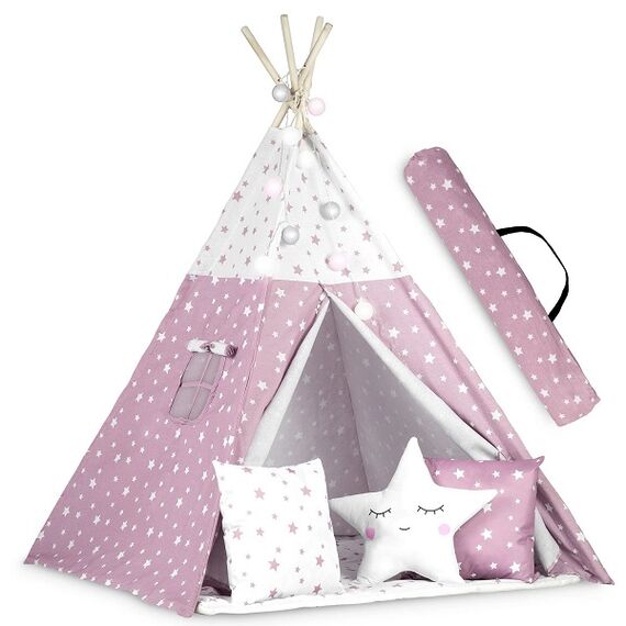​Cort de joaca pentru copii , cadru din lemn, forma de cort indian, 3 perne, un covor izolant gros, cu lumini, 120x120x165 cm, cu stele, roz, Culoare: Roz-poza 4-Dacenergy.ro