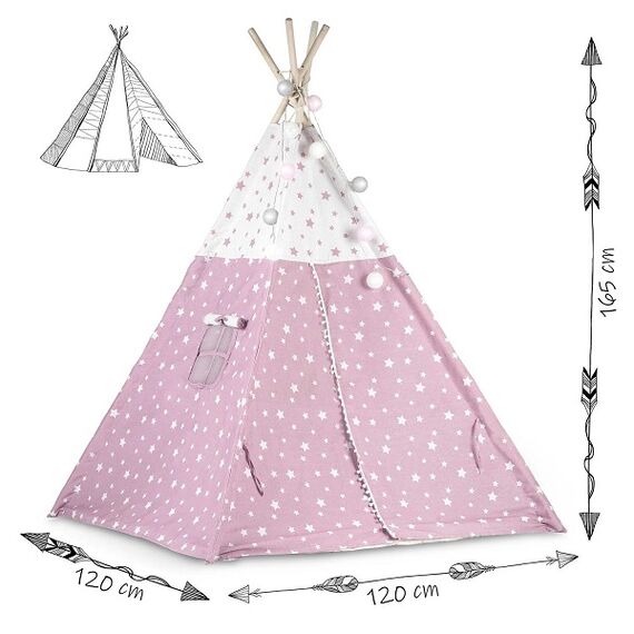 ​Cort de joaca pentru copii , cadru din lemn, forma de cort indian, 3 perne, un covor izolant gros, cu lumini, 120x120x165 cm, cu stele, roz, Culoare: Roz-poza 6-Dacenergy.ro