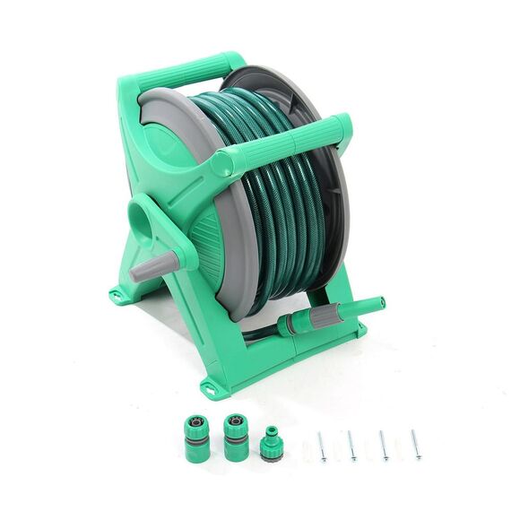 ​Tambur pentru furtun , din plastic si metal, portabil,montarea pe perete, 30 m furtun, 13 mm, cuple, verde-poza 7-Dacenergy.ro
