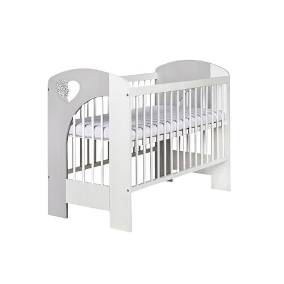 Set mobilier 3 piese copii DacEnergy©, din pal, patut, comoda de infasat, saltea, fibra de nuca de cocos, design elegant si modern, imprimat cu inima, 120 x 60 cm, alb si gri-Dacenergy.ro