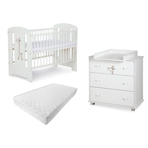 Set mobilier 3 piese copii DacEnergy©, din pal, patut, comoda de infasat, saltea, fibra de nuca de cocos, design simplu si modern, imprimat cu girafa, 120 x 60 cm, alb-poza 2-Dacenergy.ro