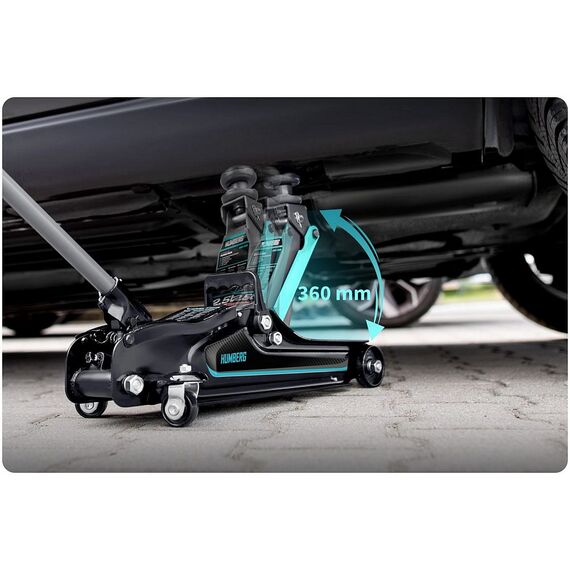 RESIGILAT: Cric auto hidraulic, realizat din otel si aluminiu, capacitate mare de ridicare de 2,5 tone, inaltimea de ridicare 80 - 360 mm, roti pivotante la 360° cu rulmenti, 53 x 20.5 x 8/36 cm, negru si verde-poza 3-Dacenergy.ro