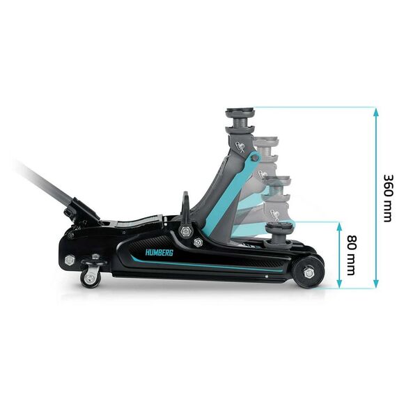 RESIGILAT: Cric auto hidraulic, realizat din otel si aluminiu, capacitate mare de ridicare de 2,5 tone, inaltimea de ridicare 80 - 360 mm, roti pivotante la 360° cu rulmenti, 53 x 20.5 x 8/36 cm, negru si verde-poza 4-Dacenergy.ro