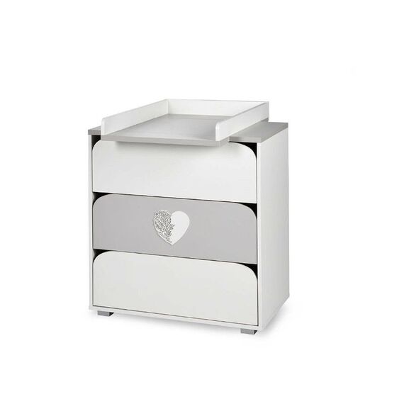 Set mobilier 3 piese copii DacEnergy©, din pal, patut, comoda de infasat, saltea, fibra de nuca de cocos, design elegant si modern, imprimat cu inima, 120 x 60 cm, alb si gri-poza 5-Dacenergy.ro