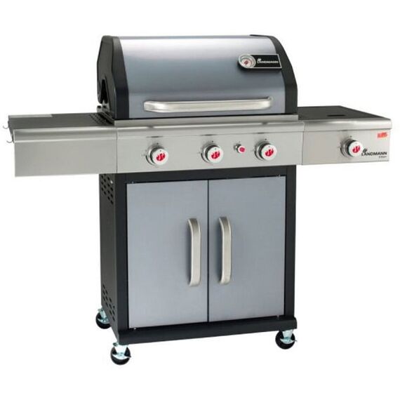 ​Gratar pe gaz, din otel inoxidabil, grill-ul din fonta emailata, 3 arzatoare si unul lateral, 12,5 kW, termometru incorporat in capac, piezo, suprafata de gatit 65x44 cm, gri-Dacenergy.ro