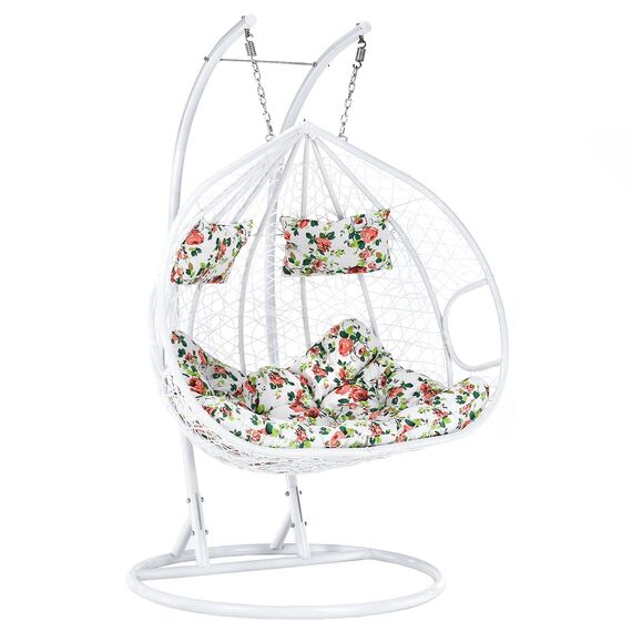 ​Scaun agatat cadru metalic, structura din ratan sintetic, 2 persoane, cu perna, model floral, 133 x 117 x 195 cm, interior/exterior, alb, Culoare: Alb, Floral-Dacenergy.ro