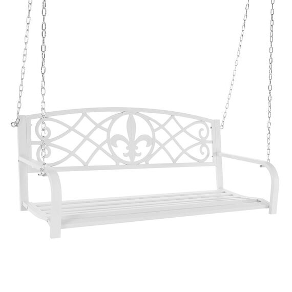 ​Leagan de gradina fabricat din otel, design romantic, ornament pentru spatar, cu lant, pentru balcoane, terase, gradini, 127 x 56 x 52 cm, alb, Culoare: Alb-Dacenergy.ro