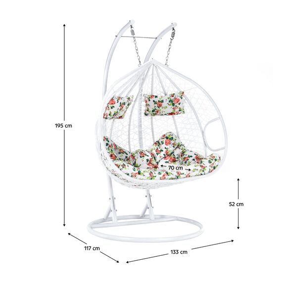 ​Scaun agatat cadru metalic, structura din ratan sintetic, 2 persoane, cu perna, model floral, 133 x 117 x 195 cm, interior/exterior, alb, Culoare: Alb, Floral-poza 2-Dacenergy.ro