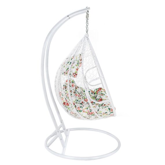 ​Scaun agatat cadru metalic, structura din ratan sintetic, 2 persoane, cu perna, model floral, 133 x 117 x 195 cm, interior/exterior, alb, Culoare: Alb, Floral-poza 3-Dacenergy.ro