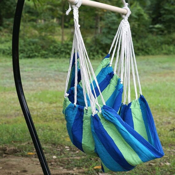 ​Hamac cu bara din lemn, bumbac si poliester, tip scaun, model cu dungi, cusaturi intarite, 100 x 130 cm, verde si albastru, Culoare: Verde, Albastru-poza 5-Dacenergy.ro