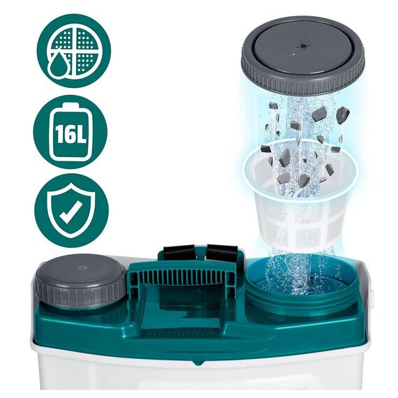 Pompa de st​ropit cu acumulator, plumb-acid, 12 V, 8 Ah, 4 duze diferite, presiune maxima 5, 5 bar, debit maxim 3, 1 l/min, timp de lucru 9 ore, cu mixe, 45 x 38 x 19 cm, 16 l, alb si albastru ​-poza 9-Dacenergy.ro