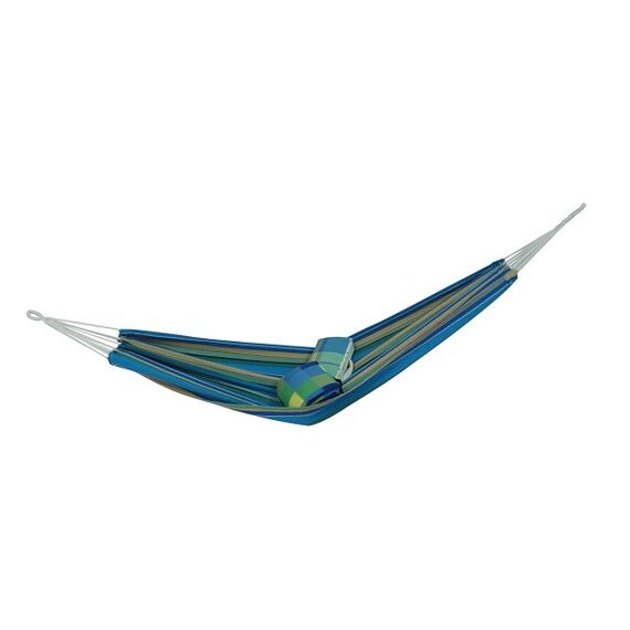 Hamac DacEnergy©, confectionat din poliester si bumbac, 200 x 100 cm, greutate suportata 110 kg, albastru cu dungi, Culoare: Albastru-Dacenergy.ro