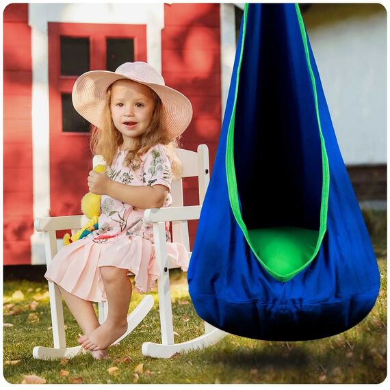 Hamac copii Neo-Sport, tip cocon, material rezistent, perna inclusa, 80kg, carlig inclus, albastru, 140x55 cm, Culoare: Albastru-poza 2-Dacenergy.ro