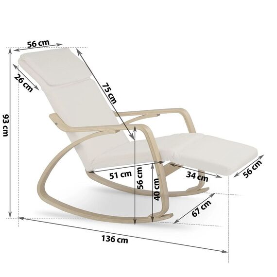 Scaun balansoar DacEnergy©, cadru din lemn si metal, tapiteria din bumbac, suport picioare reglabil, crem, Continut pachet	: 1 x Balansoar, Latime: 56 cm, Culoare: Alb-poza 4-Dacenergy.ro