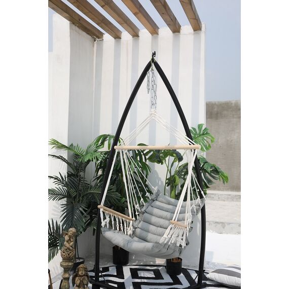 Hamac tip scaun DacEnergy©, confectionat din bumbac si poliester, brate din lemn, 90 x 65 cm, gri, Culoare: Gri-poza 4-Dacenergy.ro