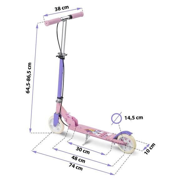 ​Trotineta copii, ghidon din fier, reglabil, 64.5-84.6 cm, roti din cauciuc PU, frana de mana si frana de picior, 3-8 ani, imprimeu printesa, roz si mov, Culoare: Roz, Mov-poza 6-Dacenergy.ro