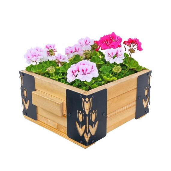 ​Jardiniera din lemn, cu insertii metalice in forma de lalele, interior/exterior, forma patrata, 38 x 38 x 20 cm, natur si gri, Model: Lalele, Forma: Patrat-poza 2-Dacenergy.ro
