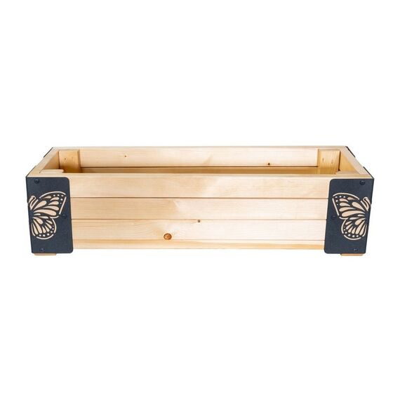 ​Jardiniera din lemn, cu insertii metalice in forma de fluturi, interior/exterior, forma dreptunghiulara, 80 x 20 x 27 cm, natur si gri, Model: Fluturi, Forma: Dreptunghi-poza 2-Dacenergy.ro