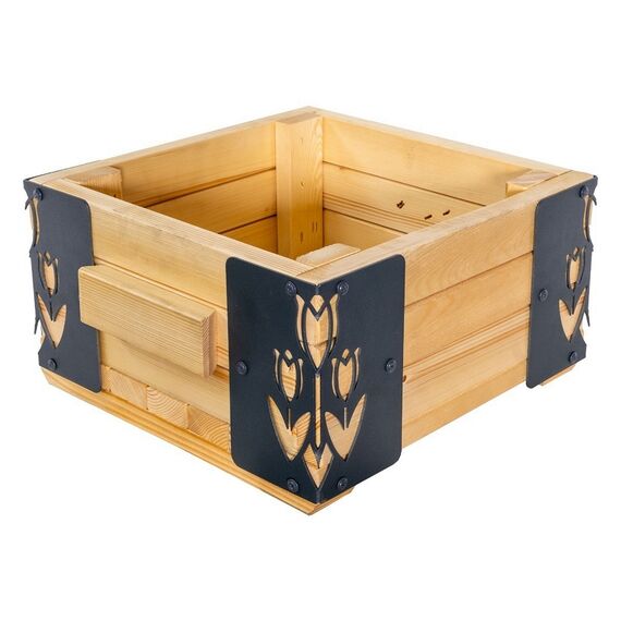 ​Jardiniera din lemn, cu insertii metalice in forma de lalele, interior/exterior, forma patrata, 38 x 38 x 20 cm, natur si gri, Model: Lalele, Forma: Patrat-poza 4-Dacenergy.ro