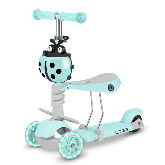 ​Trotineta pentru copii 3in1, constructie moderna si sigur, cos in forma de gargarita, detasabil, iluminare LED colorata a rotilor din fata, menta, Culoare: Verde menta-Dacenergy.ro