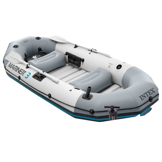 Barca gonflabila, material rezistent din vinil, 3 camere de aer, prevazuta cu 2 valve, 2 perne gonflabile, pompa pentru umflat, kit reparare si 2 vasle, 3 persoane, 297 x 127 x 46 cm-Dacenergy.ro