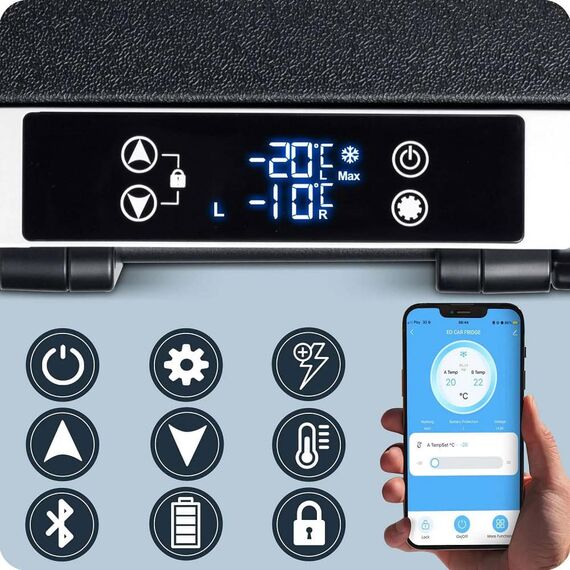 ​Lada frigorifica cu compresor, ABS, R600A, cu roti si maner, alimentare AC cu adaptor 100/240 V si bricheta 12V/24V, +20°C pana la -20°C, aplicatie mobila si Bluetooth, 40 l, 660 x 390 x 450 mm, negru si gri-poza 5-Dacenergy.ro