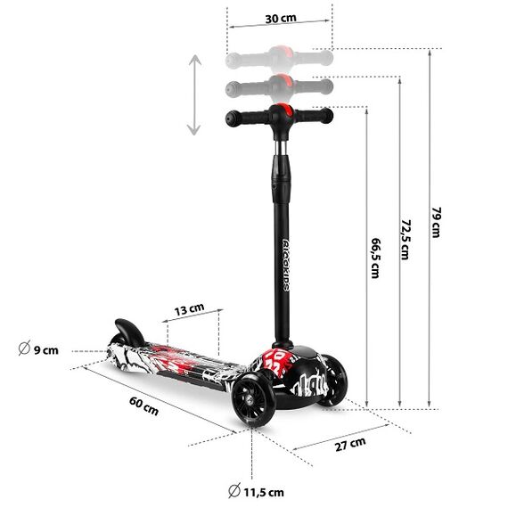 ​Trotineta , material ghidon aluminiu, cu 3 roti, iluminare Led in roti, inaltime reglabila, 79x27x60 cm, alb si rosu, Culoare: Rosu, Negru-poza 5-Dacenergy.ro