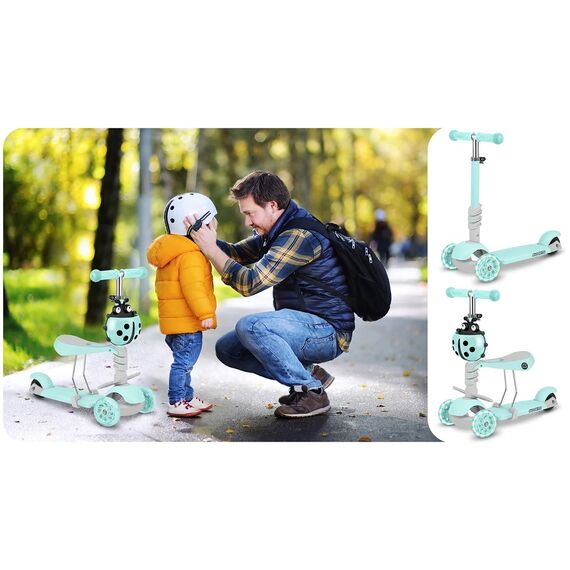 ​Trotineta pentru copii 3in1, constructie moderna si sigur, cos in forma de gargarita, detasabil, iluminare LED colorata a rotilor din fata, menta, Culoare: Verde menta-poza 6-Dacenergy.ro